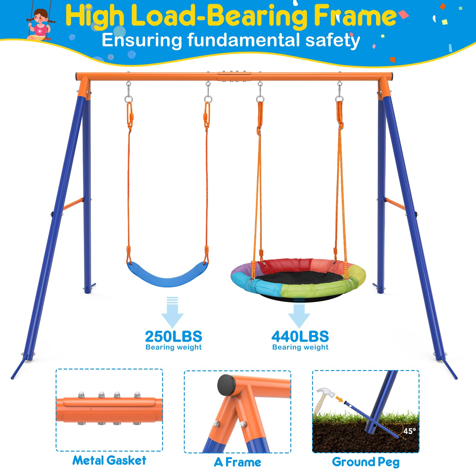 Aowos Swing Set for Kids, Saucer Swing with Heavy-Duty Metal Frame and Adjustable Ropes for Kids Outdoor, Safe Waterproof Round Swing for Backyard Playground Park, Playground for Kids, Rainbow Color, Birthday Gift, Columpio para niños, Christmas Gift