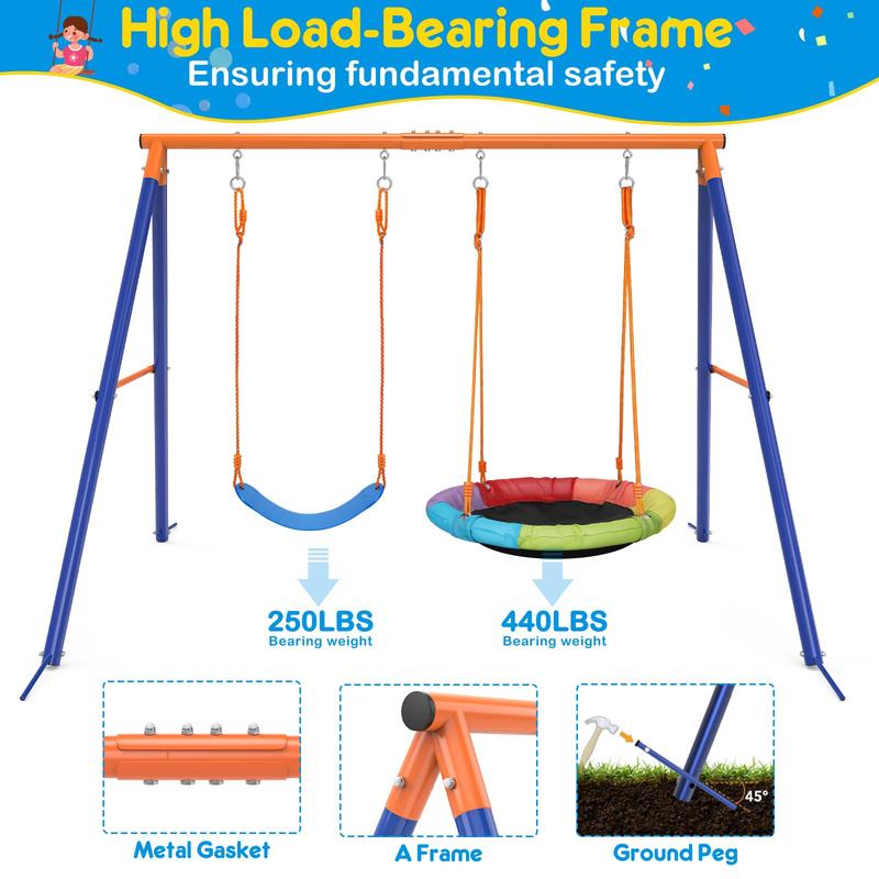 Aowos Swing Set for Kids, Saucer Swing with Heavy-Duty Metal Frame and Adjustable Ropes for Kids Outdoor, Safe Waterproof Round Swing for Backyard Playground Park, Playground for Kids, Rainbow Color, Birthday Gift, Columpio para niños, Christmas Gift