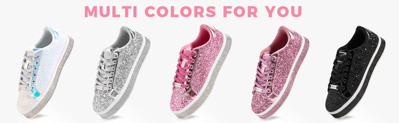 LUCKY STEP Women's Platform Glitter Sneakers Sparkly Bling Shiny Dressy Bedazzled Wedding Bridal Fashion Walking Shoes with Non-Slip TPR Outsole & Rhinestone Embellished