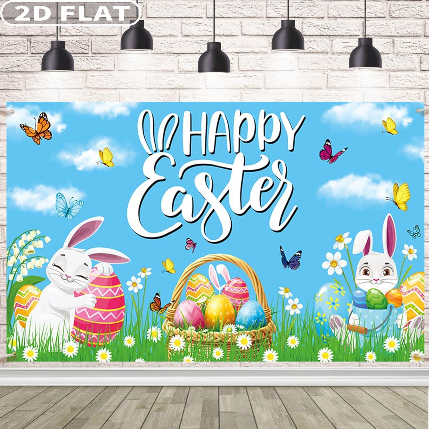 2D FLAT 1 Count Studio Props Happy Easter Backdrop Banner, Multiple Sizes Durable Polyester Fabric Colorful Flower Eggs Spring Bunny Grassland Theme Easter Decorations Party Supplies for Photo shoot Happy Easter's Day Party Decor