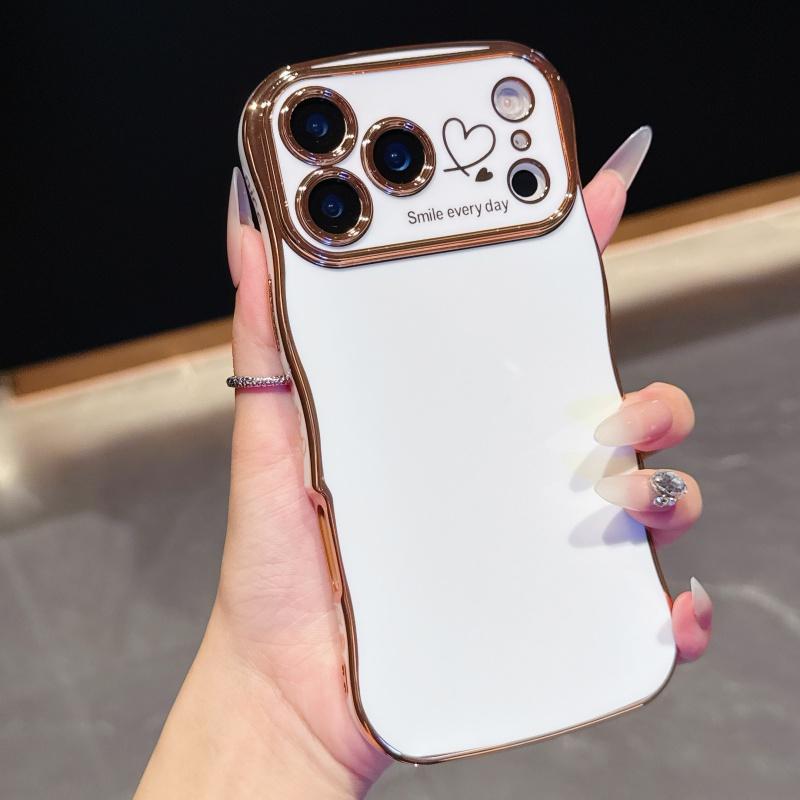 for iPhone 17 Pro Max 16 15 14 13 12 Case for Women Girls, Cute Wave Frame Curly Shape with Love Heart Pattern Raised Camera Protection Cover Luxury Plating Shockproof Phone Case