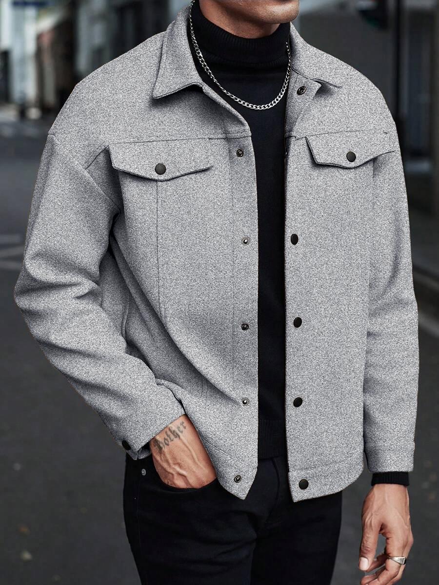 Men's Plain Color Flight Jacket for Autumn and Winter, Classic Stand-up Collar Design with Single-row Button Closure, American Vintage Coat, Back-to- Jacket, Motorcycle Suit. Casual Fashionable Jacket Workwear Jackets Casual Fitted Jackets Collared Jacket