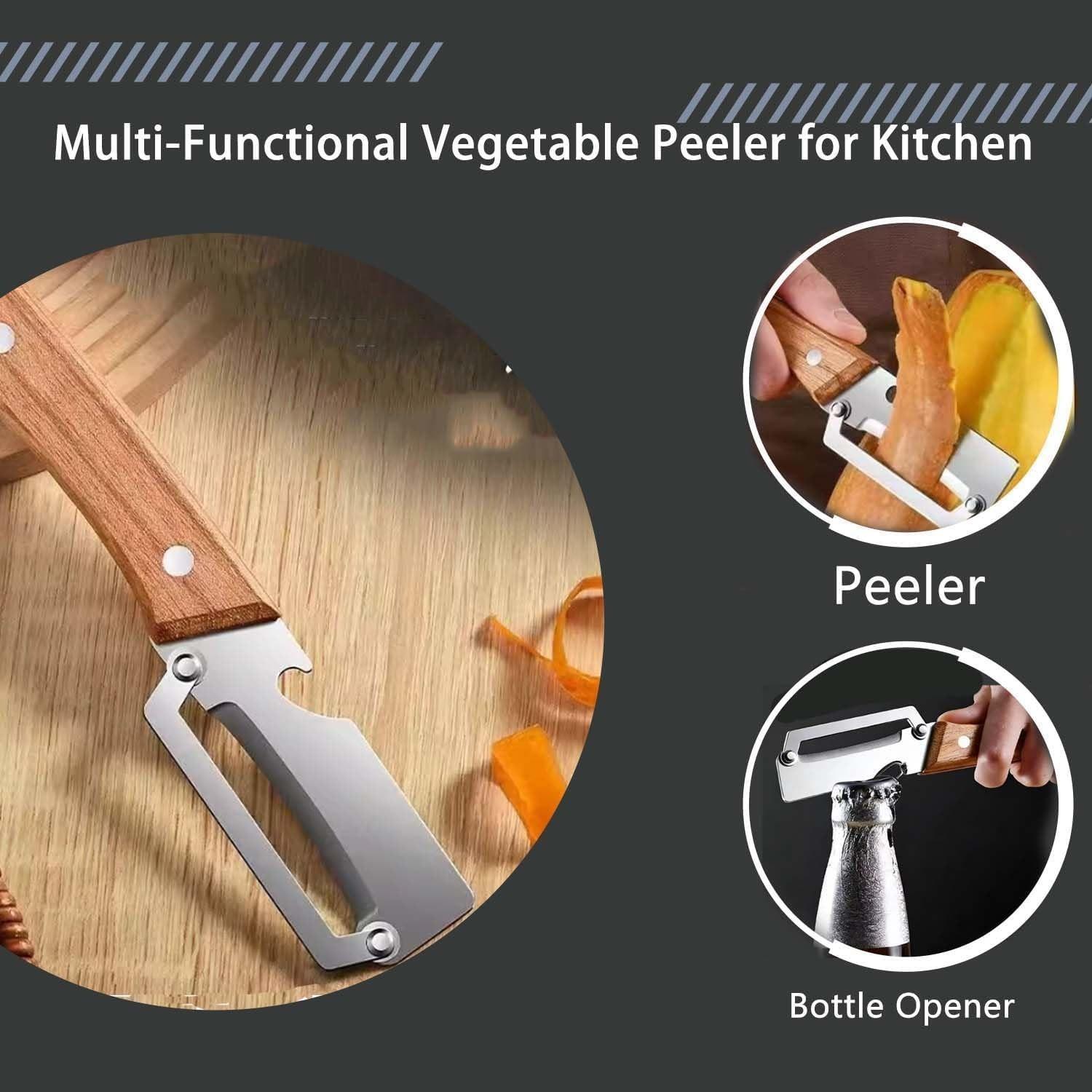 Two-In-One Kitchen Peeler with Wooden Handle and Bottle Opener, Comfortable Non-Slip Stainless Steel Blade, Easy to Clean, 2 Pieces Set