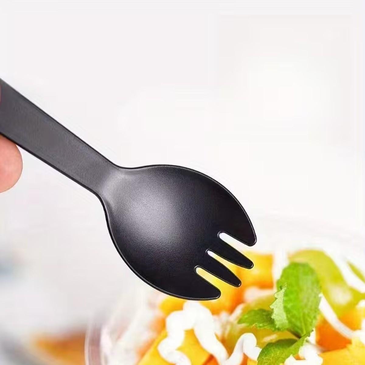 50/100/300/500pc black fork and spoon, perfect for desserts, ice cream, cakes, mousse, pudding, durian, fruit salad, etc., are the best choice for New Year, Valentine's Day, family gatherings, and outdoor camping