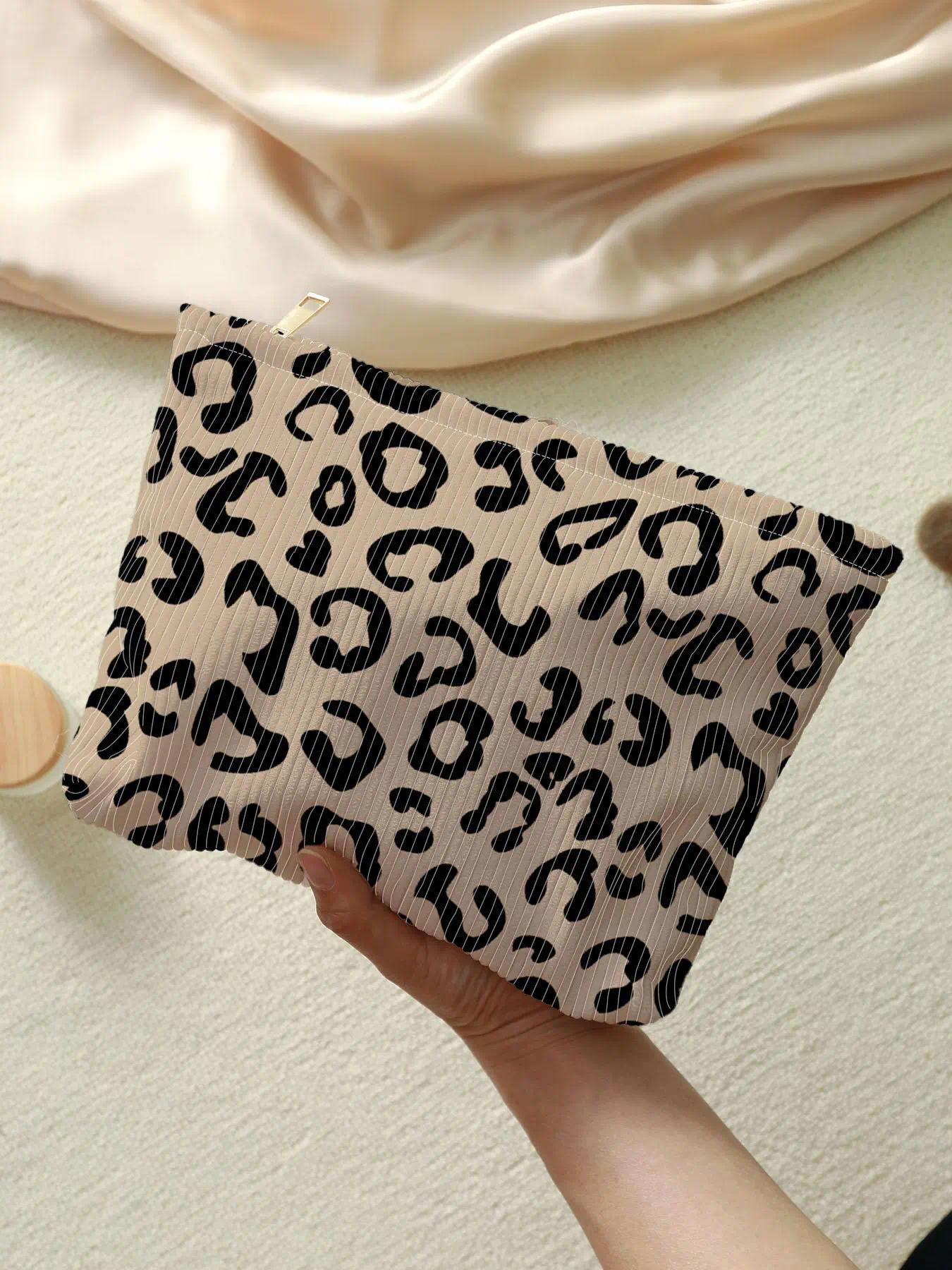 Leopard Print Corduroy Cosmetic Pouch, Lightweight Zipper Makeup Bag, Versatile Handheld Storage Bag For Daily Organizing, Weekend Travel And Outdoor Essentials