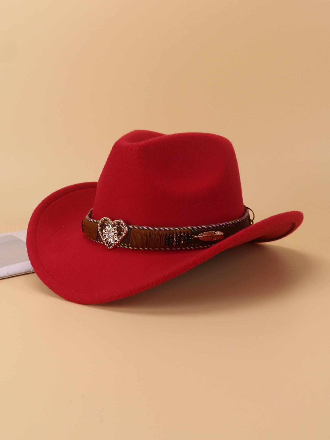 1PCS Unisex Rhinestone Heart Decorative Western Cowboy Hat, Vintage Polyester Style, Perfect for Western Theme Parties, Casual Wear, Daily Use