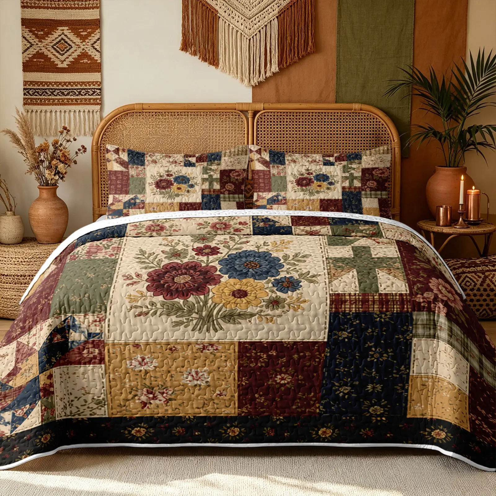 3Pcs Vintage Bouquet Patchwork Quilt Sets 1 Quilt And 2 Pillowcases Central Colorful Flower Bouquet Pattern Red Brown Blue Yellow Multi Color Block Border Classic American Country Style Washed Vintage Print Reversible Lightweight Bedding No Inner Filling