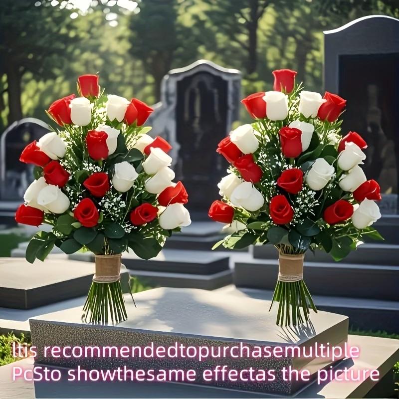 2 Artificial Cemetery Flowers, Roses with Leaves, Weatherproof Memorial Decor, No Maintenance, Outdoor Graveyard Decoration