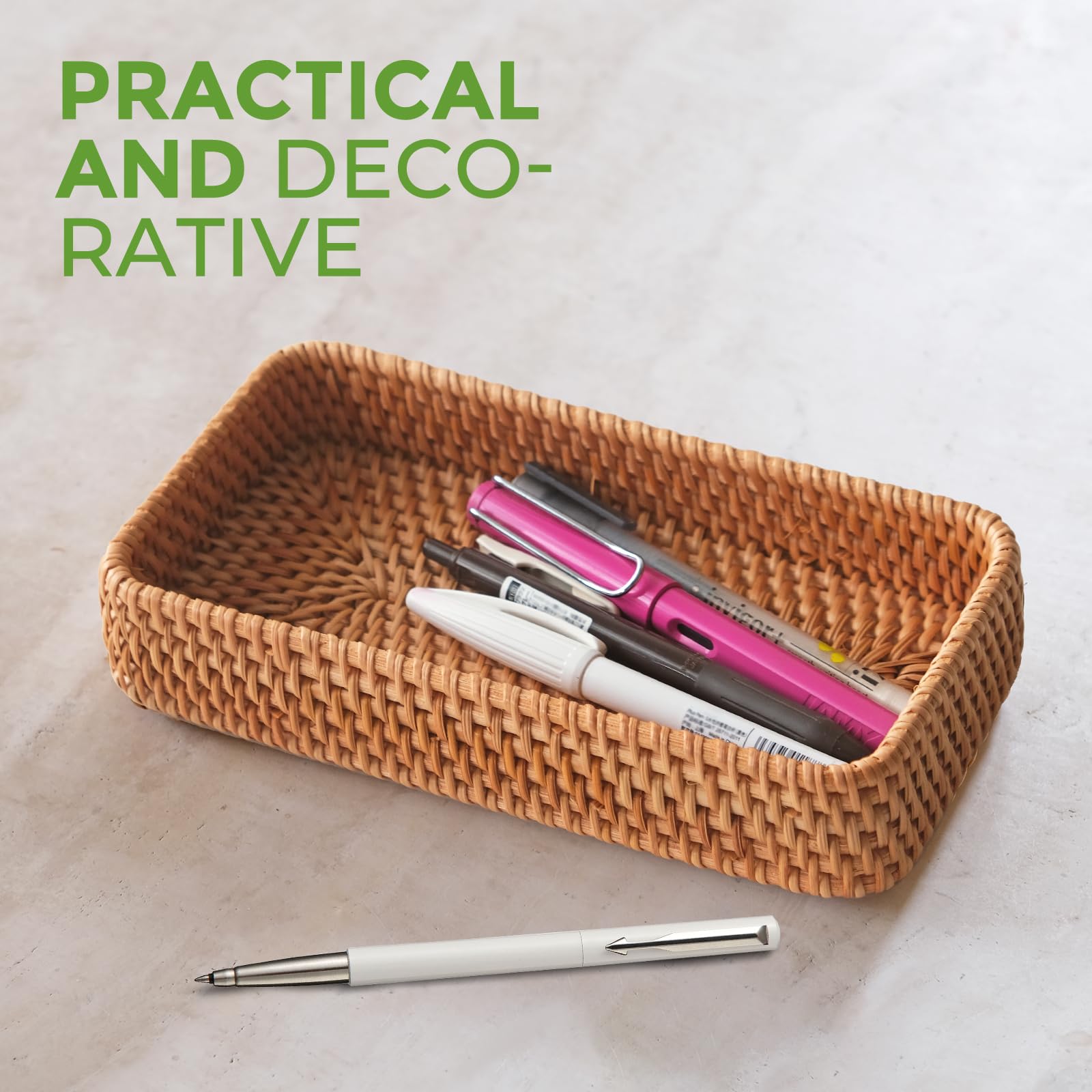 Woven Rattan Serving Tray, Rectangular Wicker Basket, Decorative Serving Tray for Living Room, Coffee Table, Home Organizer for Remote Control, Sundries