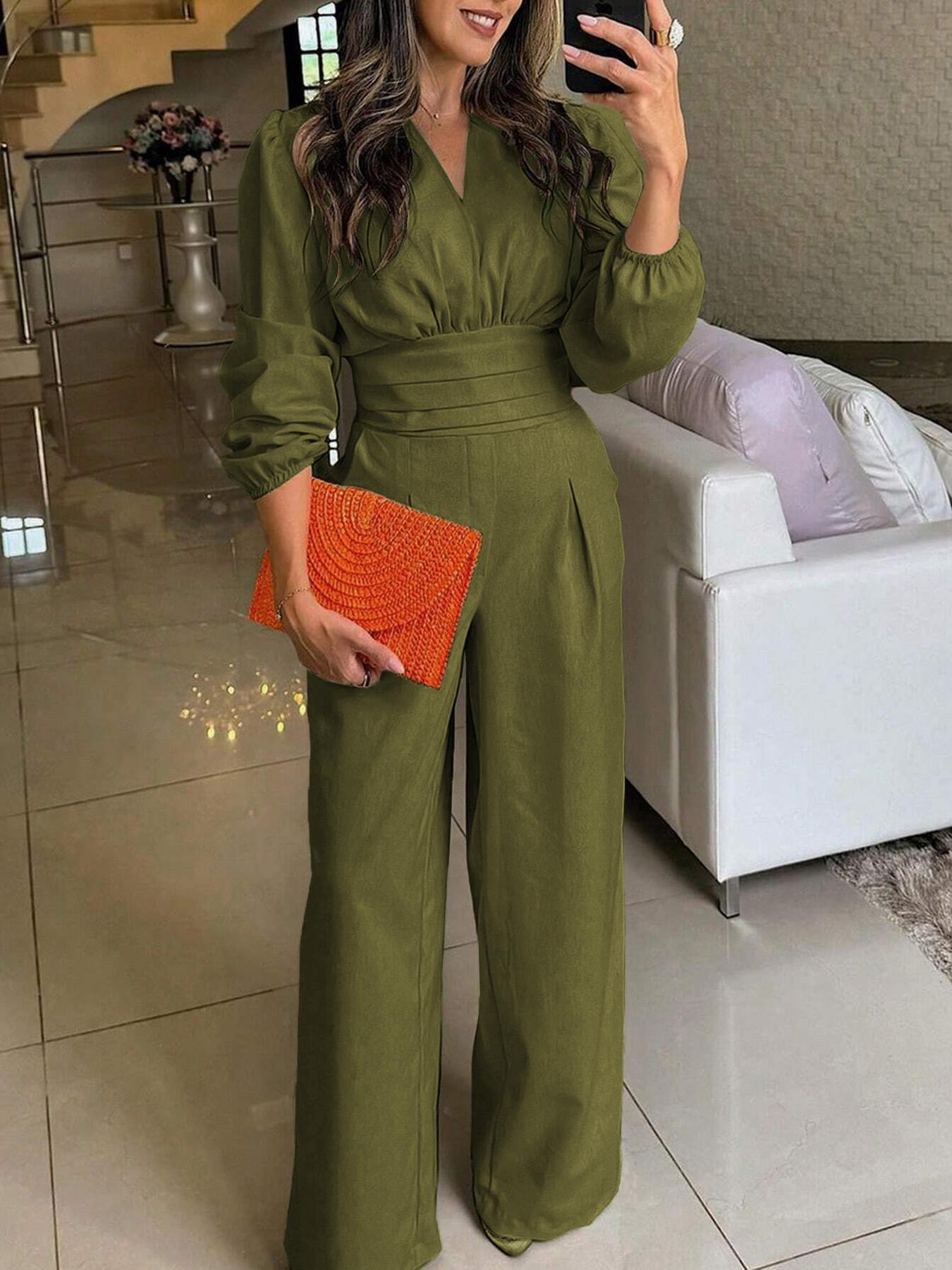 Women's Solid Color Aesthetic Puff Sleeve Wide-Leg Pleated Jumpsuit , Structured Material Fabric & Cutout Waist Detail & High-Waisted Silhouette & Fitted & Loose Legs & Multi-Color Options 1pc