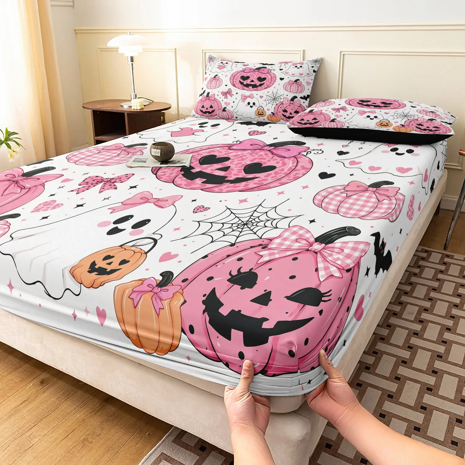 3Pcs Pastel Goth Halloween Print Duvet Cover Set, Pink Leopard Gingham Check Pumpkin Bow Smiling Ghost Spider Web Pattern Bedding, Room Halloween Party Decor Gift (1 Duvet Cover + 2 Pillowcases, No Comforter No Pillow)