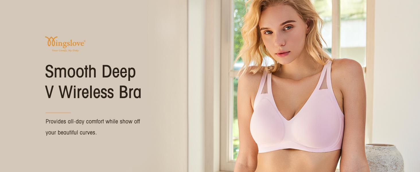 Wingslove Women's Wire-Free Seamless Bra Smooth Plunge Comfort Bra with Mesh Strap Support
