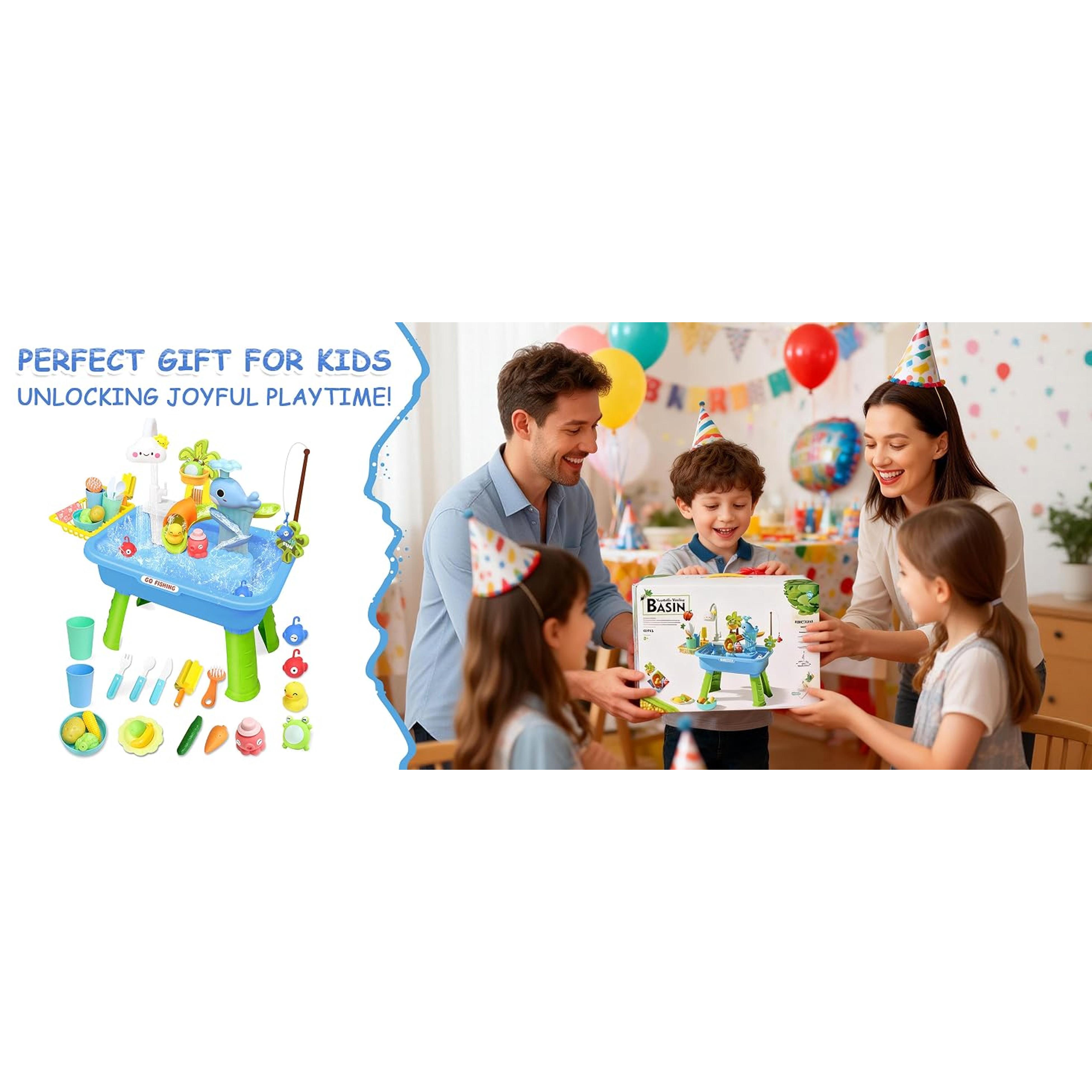 4-in-1 Electric Water Table for Toddlers 1-5, Kids Play Sink with Running Water & Cloud Faucet, Sensory Toddler Water Activity Table with Fishing Game, Outdoor/Indoor Toy Gift for Boys & Girls
