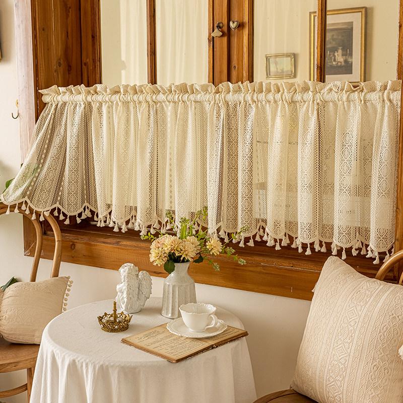 1pc Cotton Linen Curtain Half Light Blocking Vertical Striped Lace Fringe Rod Pocket, New Living Room Bedroom Cream French Vintage Style