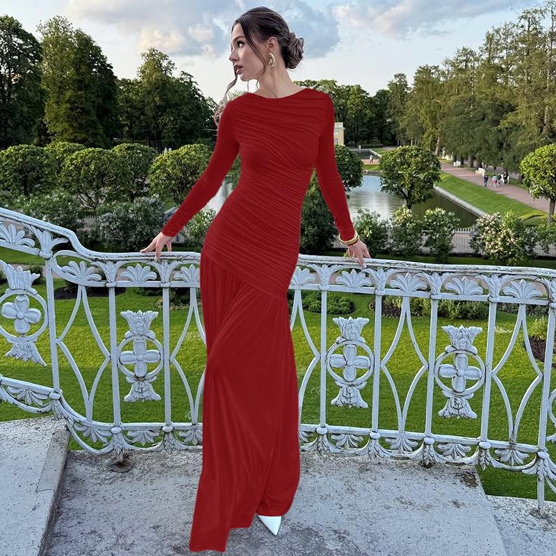 Women's Solid Ruched Round Neck Long Sleeve Pleated Dress, Elegant Plain Patchwork Plicated Slim-fitting Long Dress, Party Club Date Evening Gown Formal Dress, Ladies Spring Fall Winter Casual Dresses Clothes Wear, Formal Bodycon Dress
