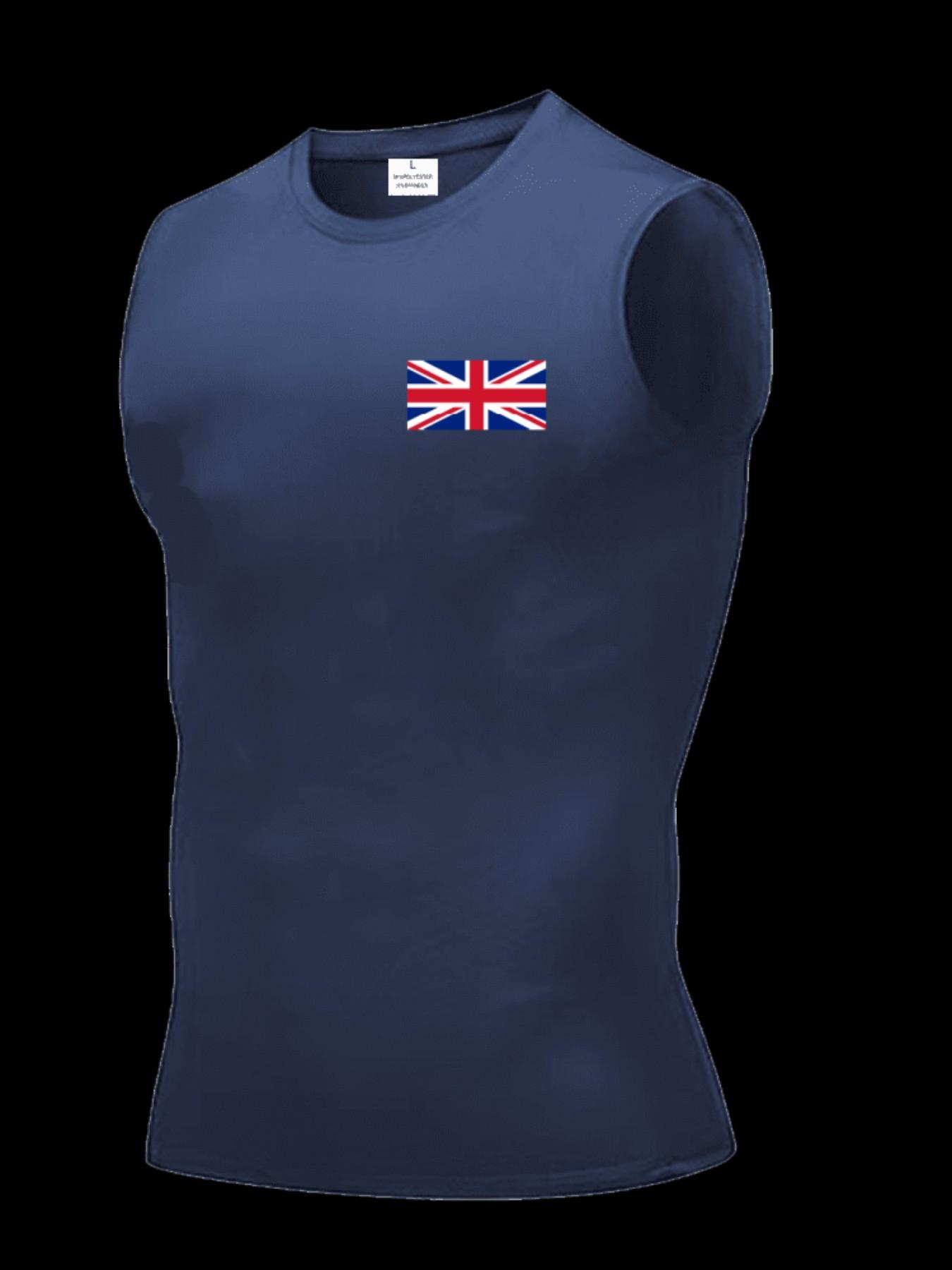 Men's Short Sleeve Sporty Top, Quick-Dry Breathable Slim Fit, Uk Pattern Print, Ideal for Gym, Running, Boxing, Outdoor Activities