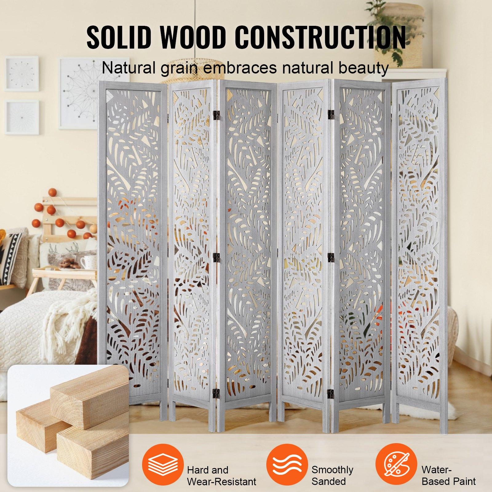 VEVOR Wood Room Divider - 6-Panel Carved Folding Privacy Screen, 66.9 in Tall Indoor Partition with Wood Panel Wall, Rectangular Form, Portable Setup for Home, Office