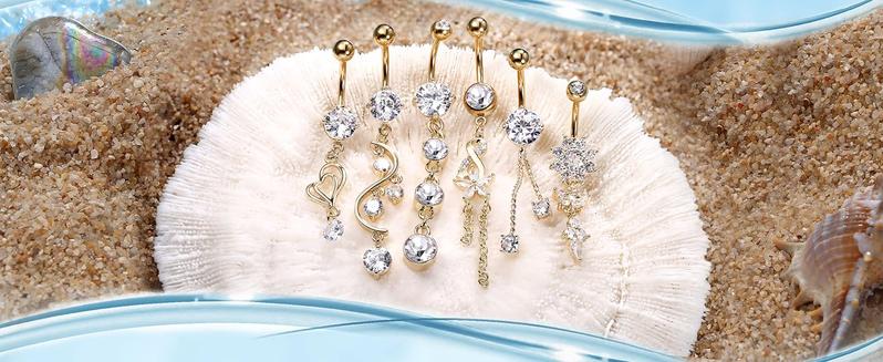 6pcs Belly Button Bar for Women, 14g Dangle Belly Bar, 316L Surgical Steel Cz Navel Barbell, Body Piercing Jewelry, Fashion Body Jewelry, 10mm