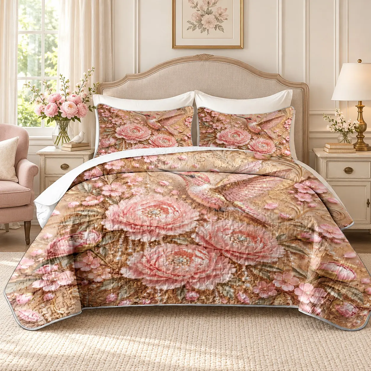 3PCS autumn and winter blue gold tropical turtle back bamboo bed cover set, 2D flat digital printing, quilted bed cover+pillowcase, including 1 bed cover+2 pillowcases, modern minimalist bedding bedroom decoration, size king, queen, double twin bed cover