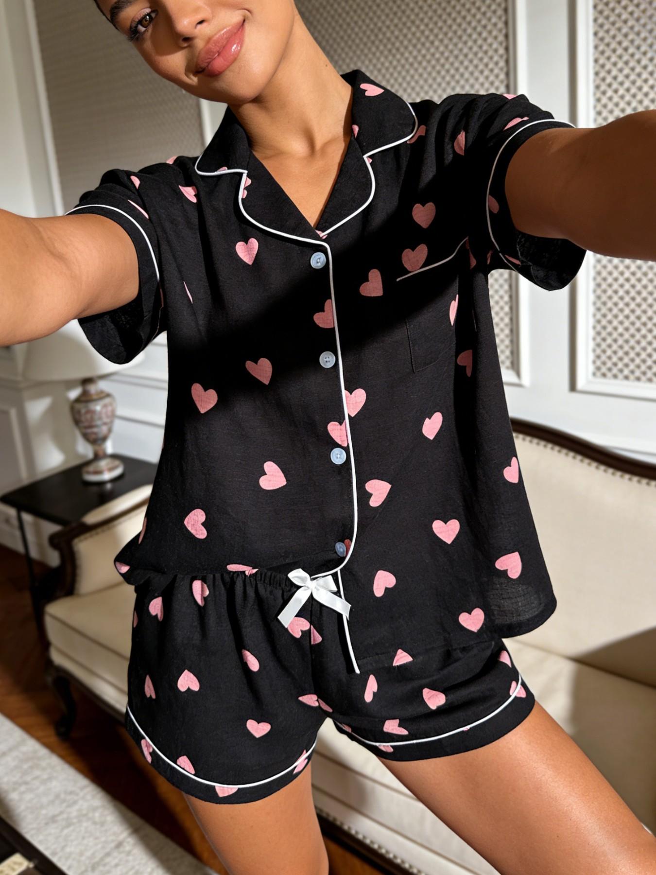 Women's 3-Piece Sleepwear Set, Short Sleeve Top & Shorts, Heart Butterfly Print, All-Seasons Casual Home Wear, Essential Daily, Loungewear Pjs Set