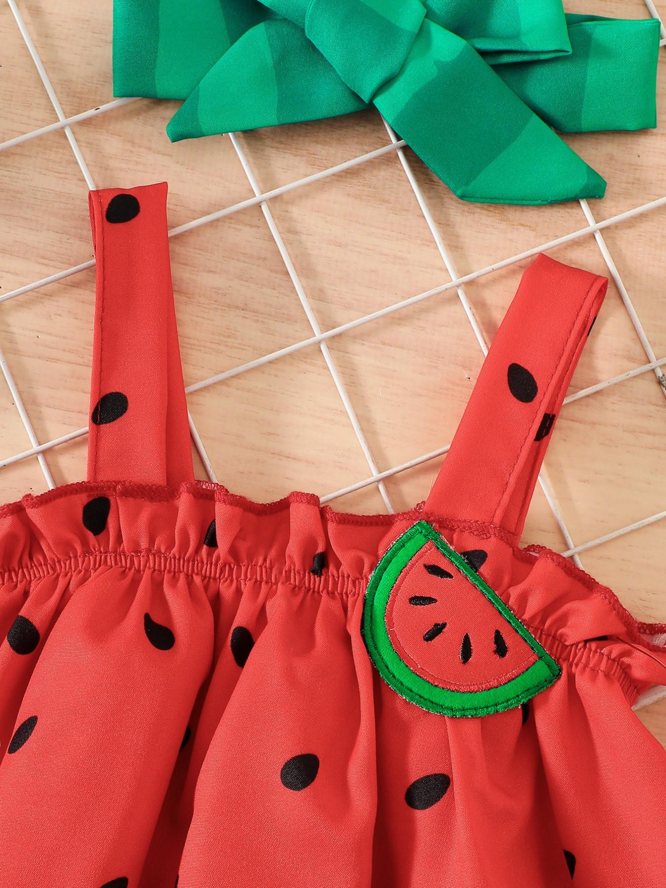 Girls' Watermelon Three-Piece Set, Tank Top Dress, Shorts, Headband, Summer Cute Fruit, Baby Girls' Fashion Accessories