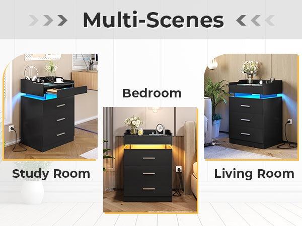 Sikaic Large Nightstand With Charging Station And LED Lights Furniture Bedroom Table Drawer