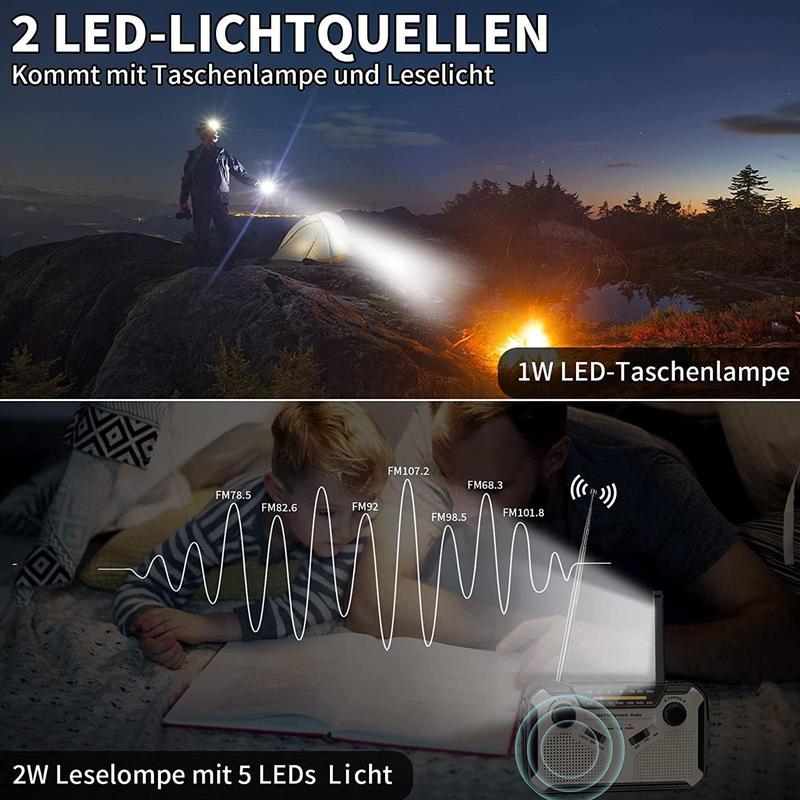 Solar AM/FM Portable Multifunctional Radio with Flashlight, Reading Lamp, SOS Alarm – 2500mAh Power Bank, Crank & Battery Powered for Camping, Hiking & Emergency Survival Gear