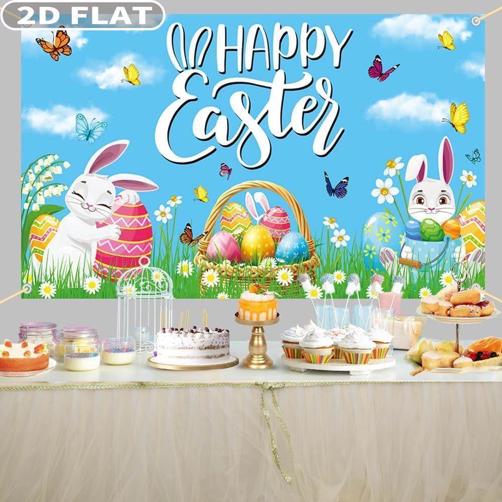 2D FLAT 1 Count Studio Props Happy Easter Backdrop Banner, Multiple Sizes Durable Polyester Fabric Colorful Flower Eggs Spring Bunny Grassland Theme Easter Decorations Party Supplies for Photo shoot Happy Easter's Day Party Decor