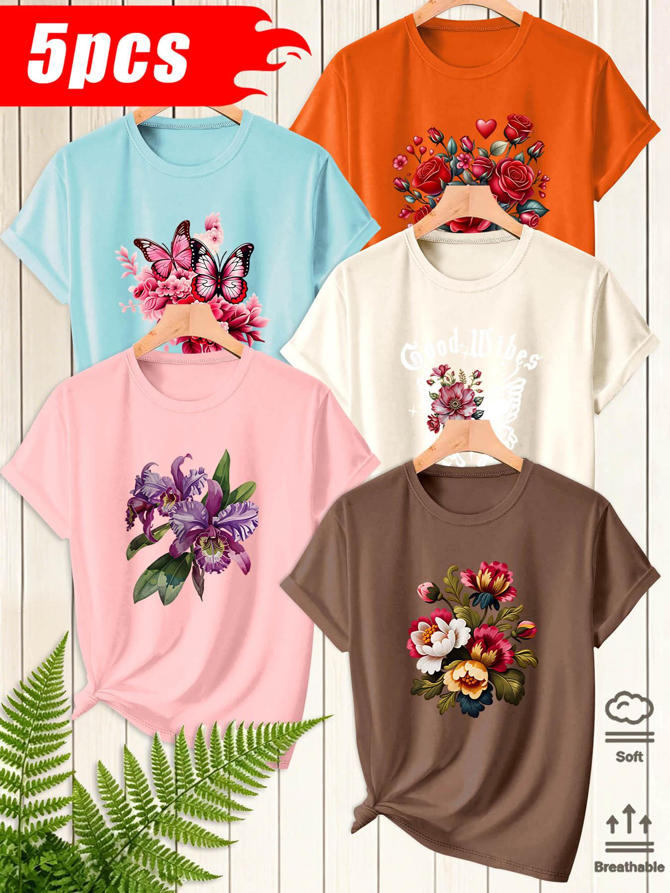 5Pcs Women Crew Neck T‑Shirts, Flower & Butterfly Art Printed Patterns, Multiple Colors Available, Machine Washable Spring Summer Tops, Soft Skin‑Friendly Fabric, Daily Versatile Wear, Fashion Design Short Sleeve Tees
