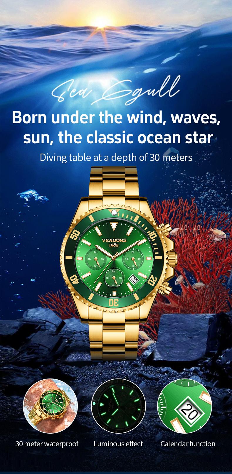 【dealsforyoudays】Veadons Men's Luxury Dress Watch, Green Dial, 40mm Stainless Steel Strap, Rotating Quartz Analog, Waterproof Luminous Large Dial Boss Wristwatch summer business
