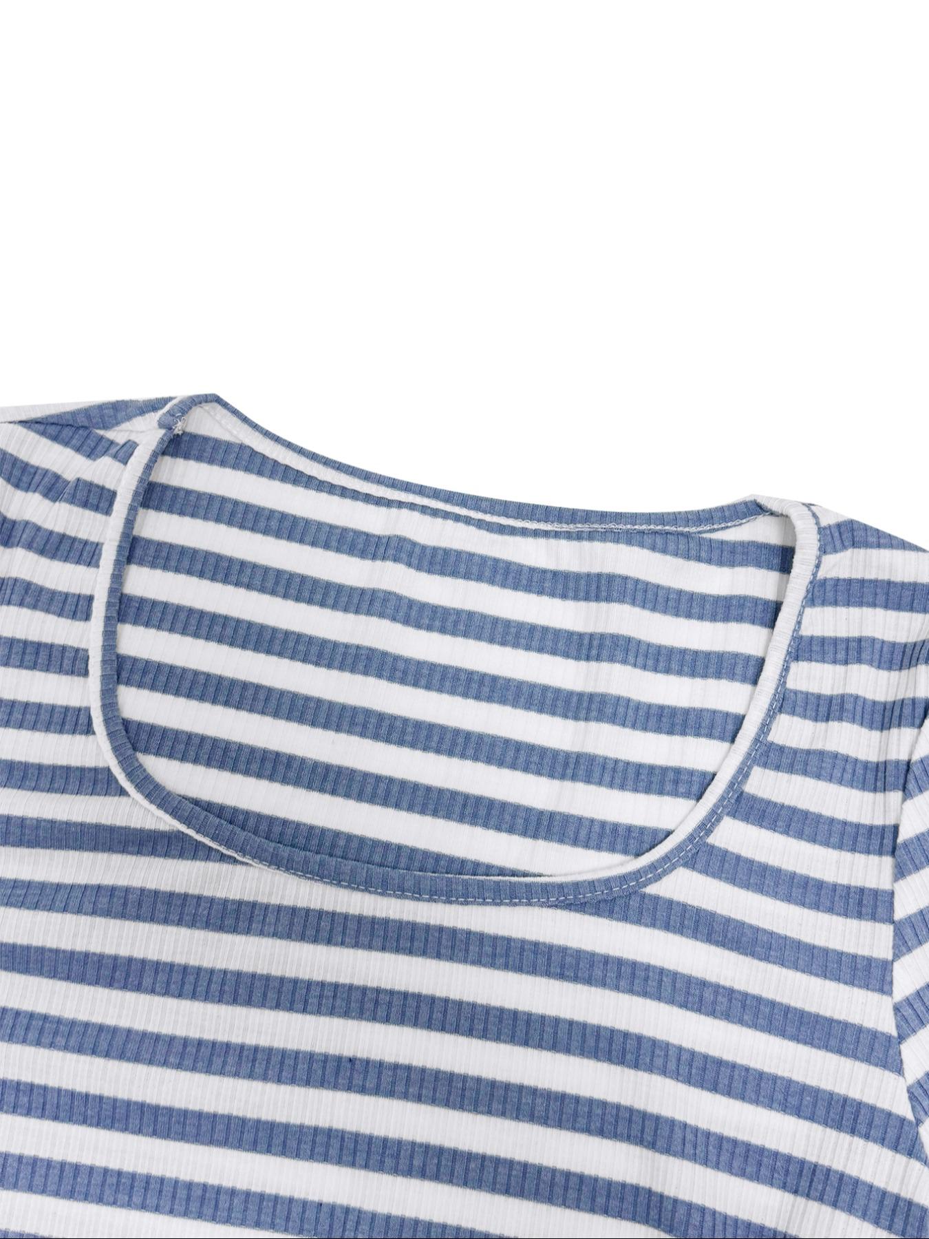 Women's Casual Striped Colorblock U-Neck Crop Pullover Sweater with Waist Rope Decorative Long Pants Two-Piece Set for Daily Wear,Airport Outfit