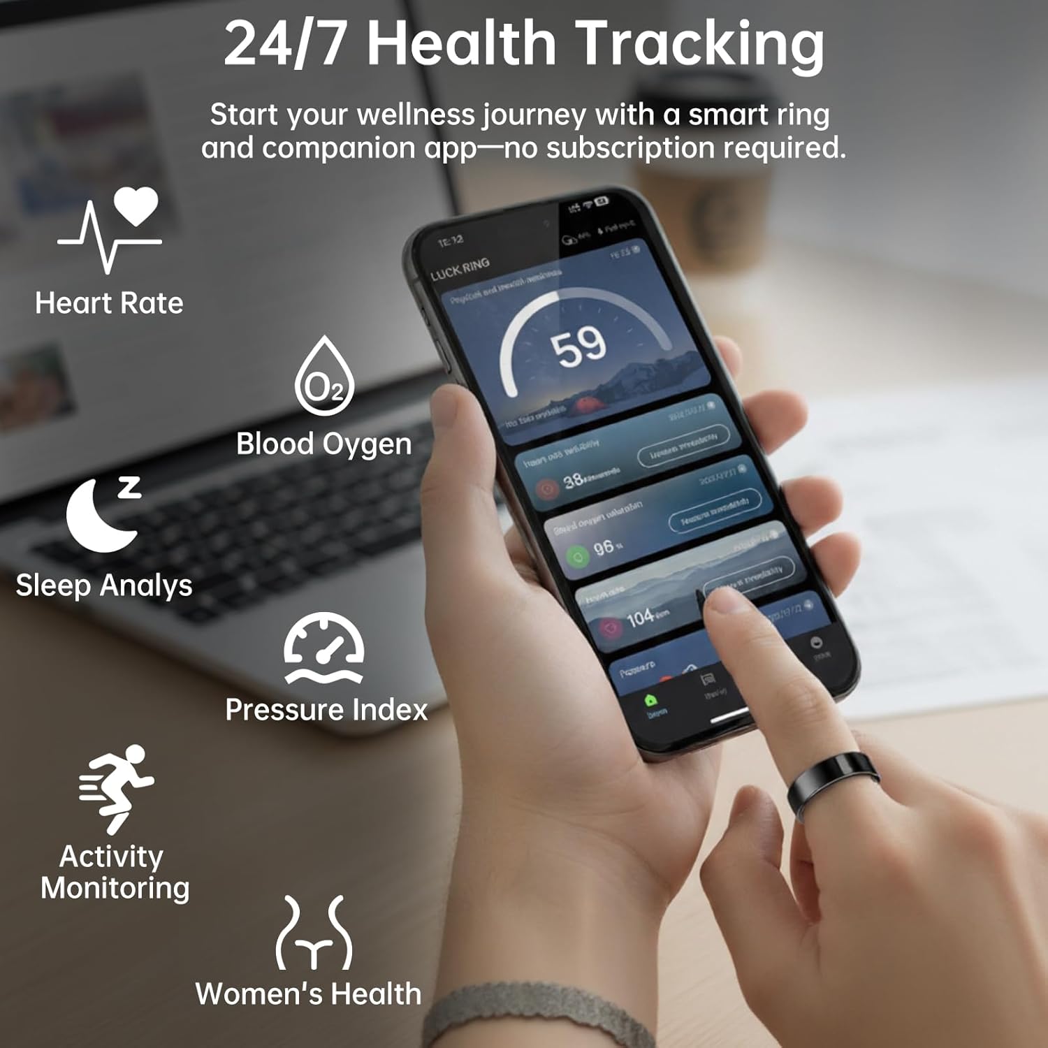 Smart Ring Fitness Tracker, Titanium Wireless Health Monitor with Heart Rate Tracking, Multi-Sensor Waterproof Device, App-Connected Wearable for Men and Women, Sizes 7-12
