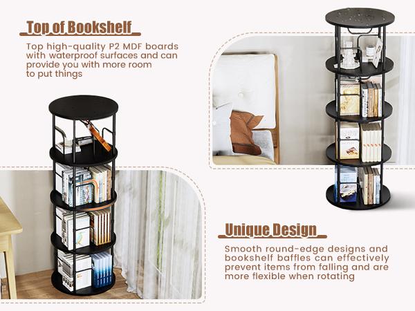 Flycity 3 Tier - 5 Tier Rotating Bookshelf Tower,360° Display Unique Round Bookcase, Floor Standing Corner Revolving Storage Organizer Furniture Wood Organizing Study Table