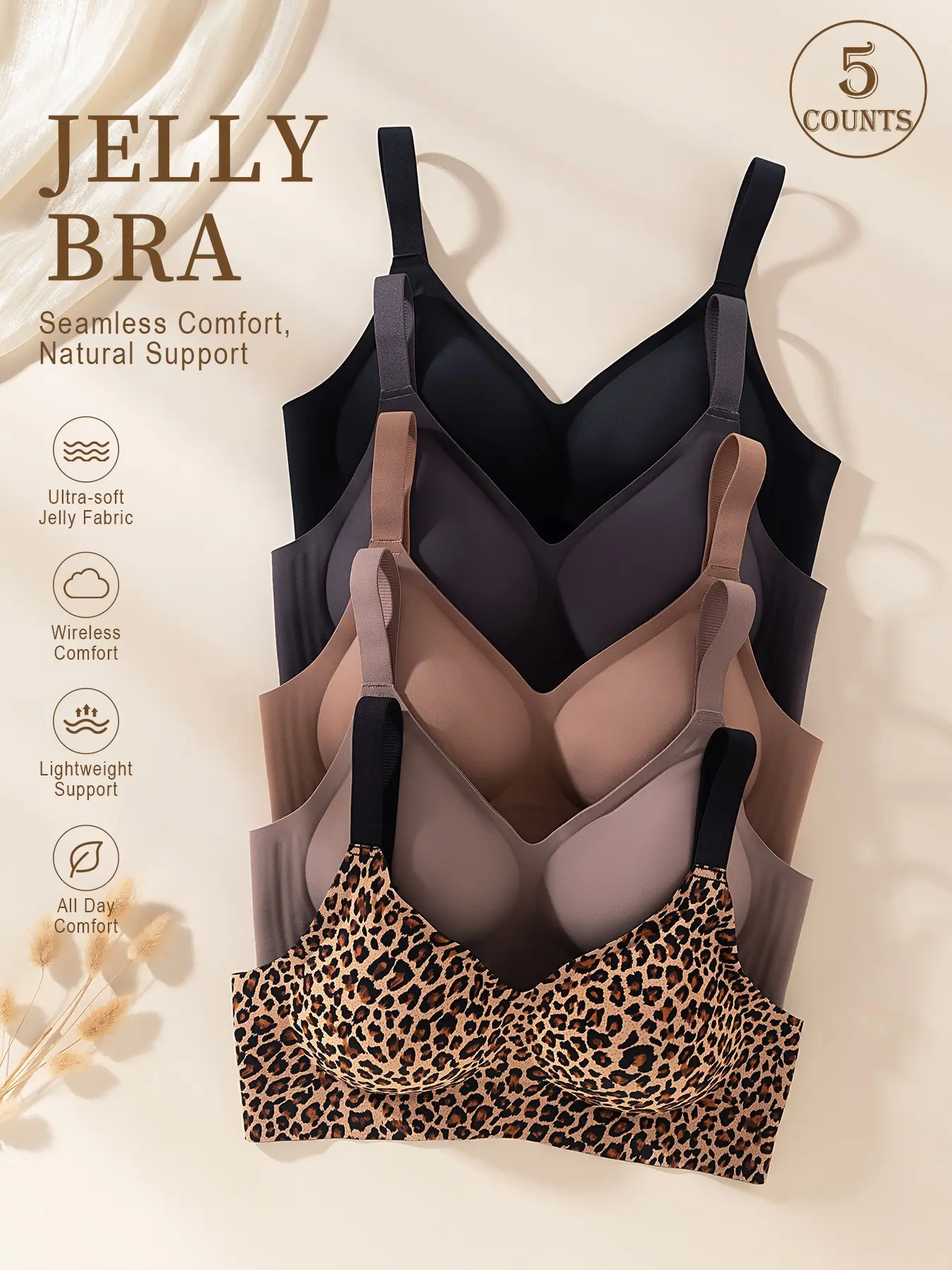 Women's Jelly Bra 5 Pack, Soft Cup Padded Design, Lightweight Comfortable Bra with Back Hook Closure, Multi Occasion Underwear