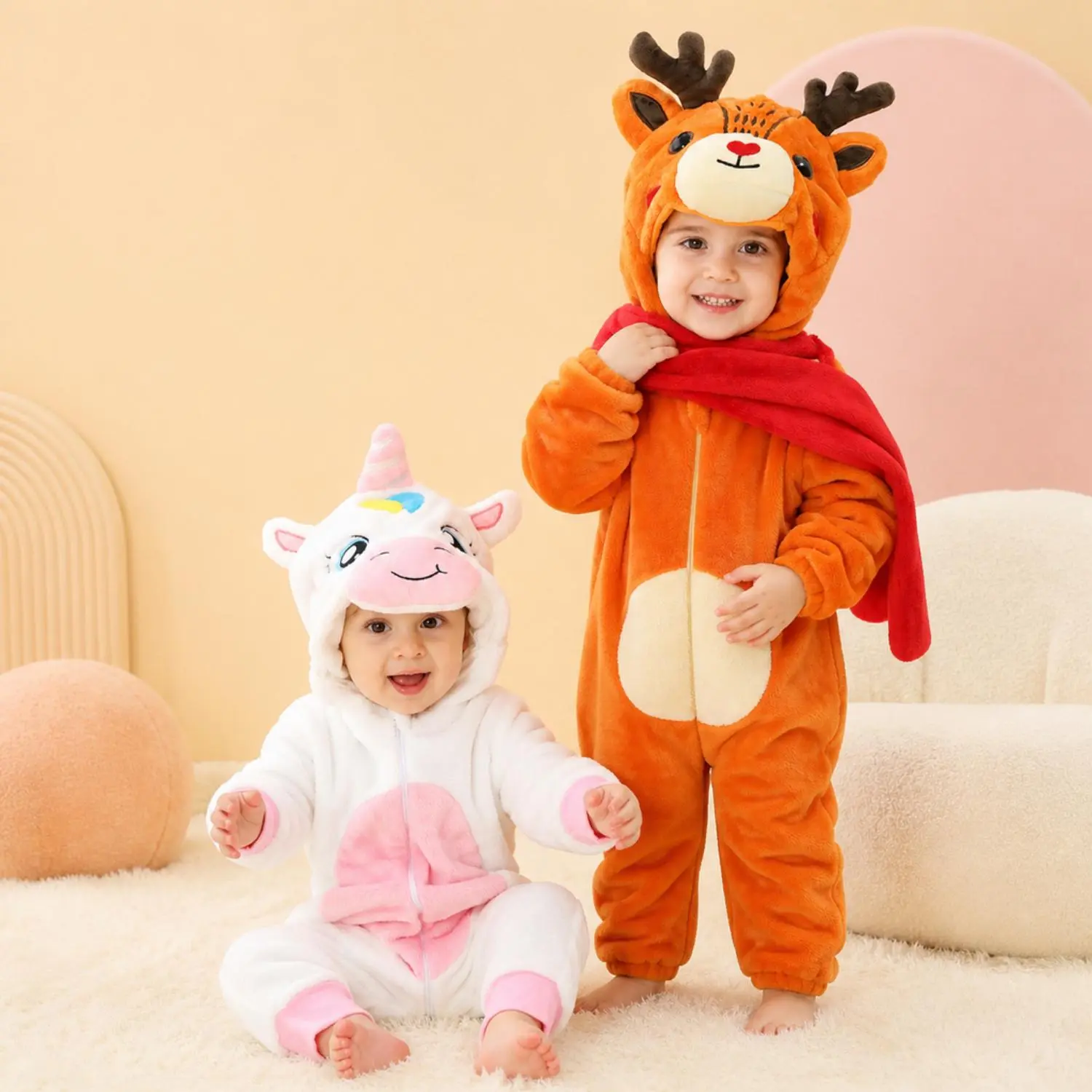 Toddler Flannel Hooded Animal Bodysuit Onesie, Cute Rainbow Star Unicorn & Xmas Reindeer Costume Jumpsuit, Boys Girls Warm Kids Full Zip Sleepsuit Halloween Christmas Party Outfit