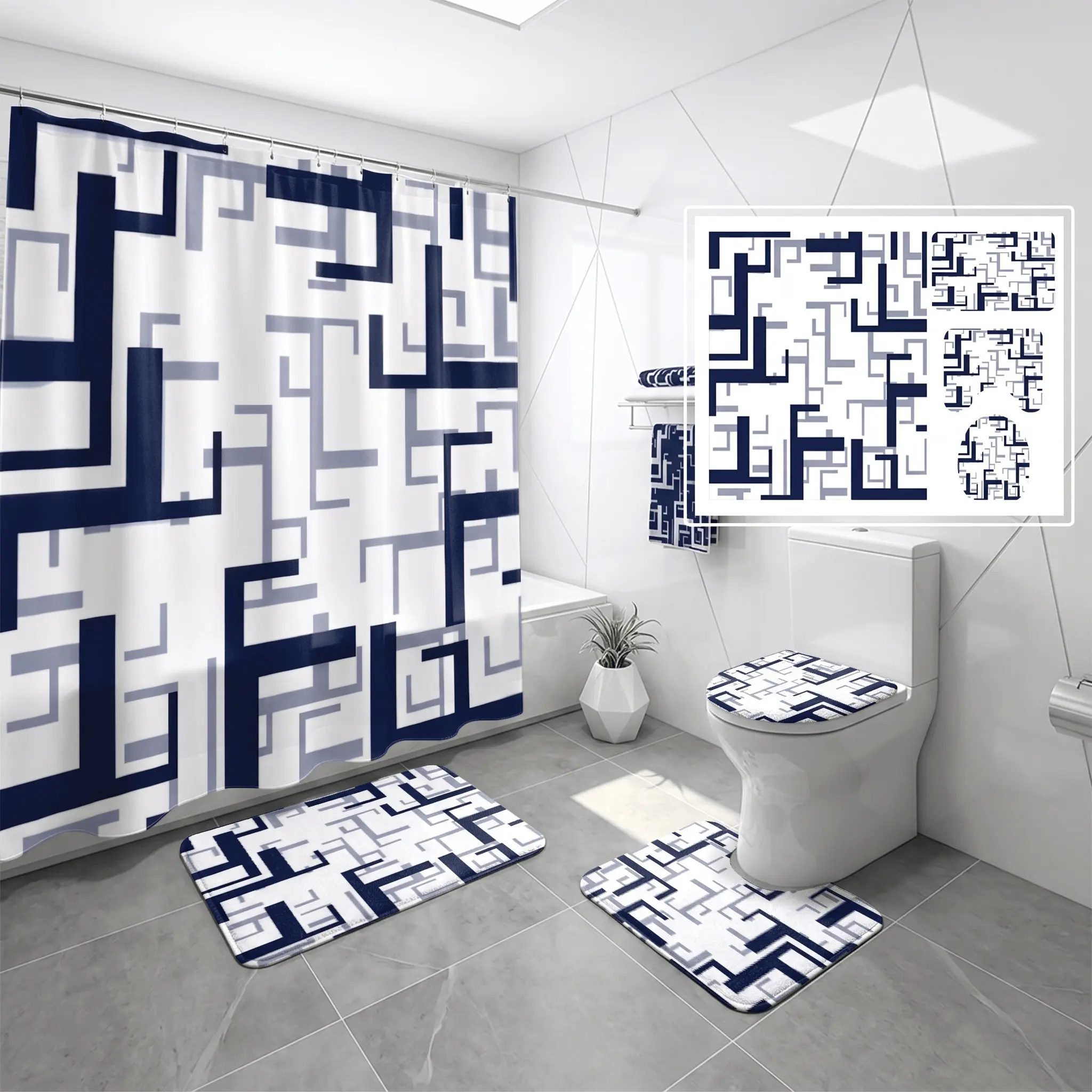 4pcs Trendy Blue Grid Lines Bathroom Decor Set,  with Shower Curtain, Non Slip Bath Mat, Abstract Maze Pattern, Contemporary Minimalist Bathroom Decor Set for Housewarming Father Day Gift