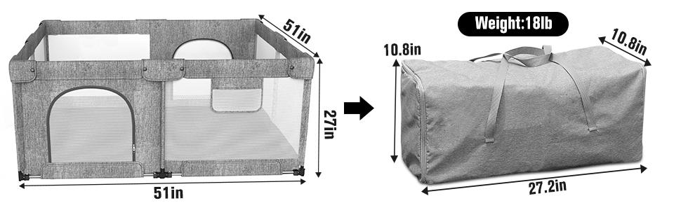 Foldable Baby Playpen,Collapsible Playpen for Babies and Toddlers, Extra Large Foldable Playpen for Baby with gate, Baby Activity Center with Fence, Travel Play Pen (Black/grey51"×51")