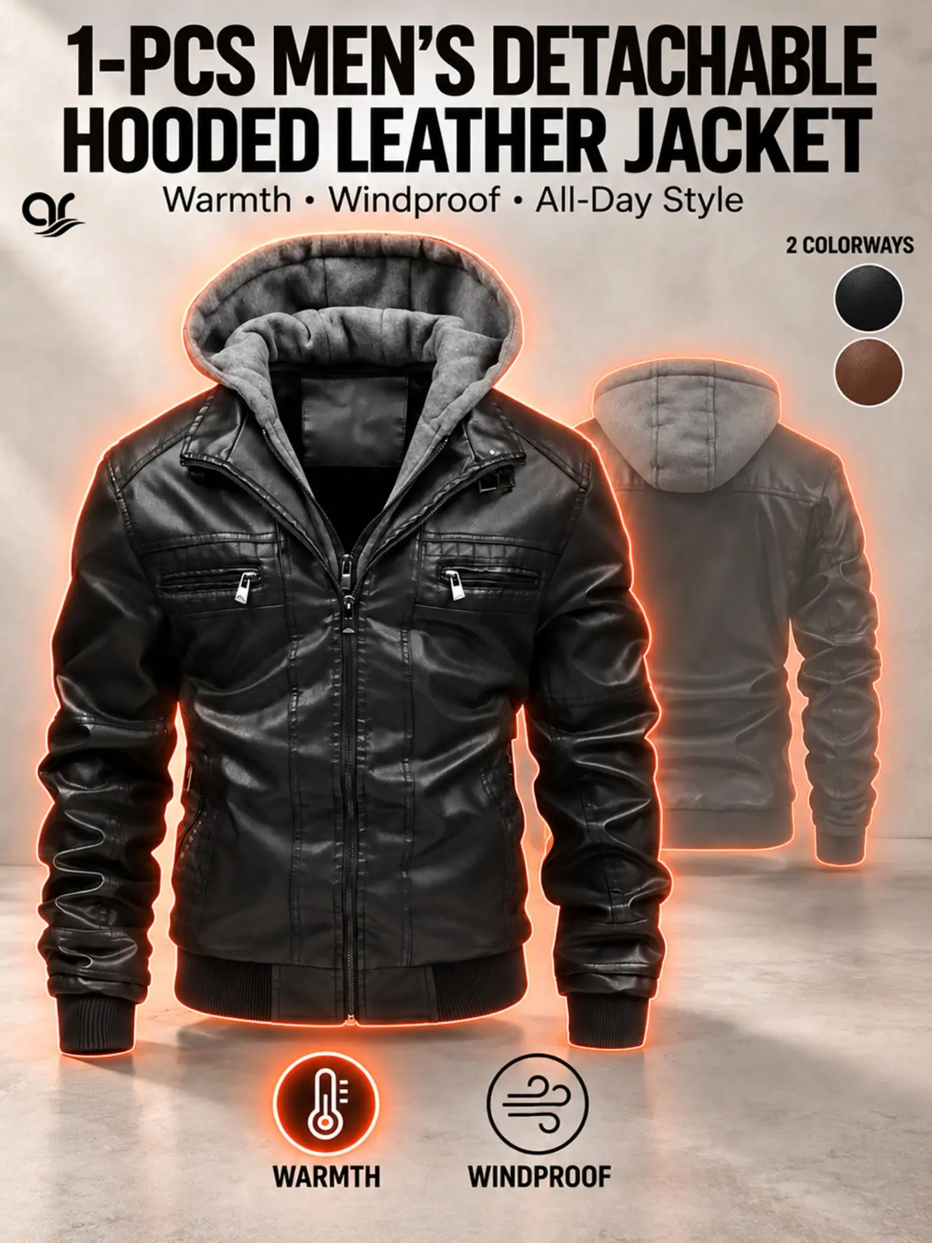 AR Men's Winter Hooded Moto Leather Jacket - Warm Fleece Lined Biker Coat, Windproof Outerwear for Casual Streetwear & Motorcycle Riding, Street Style Jacket