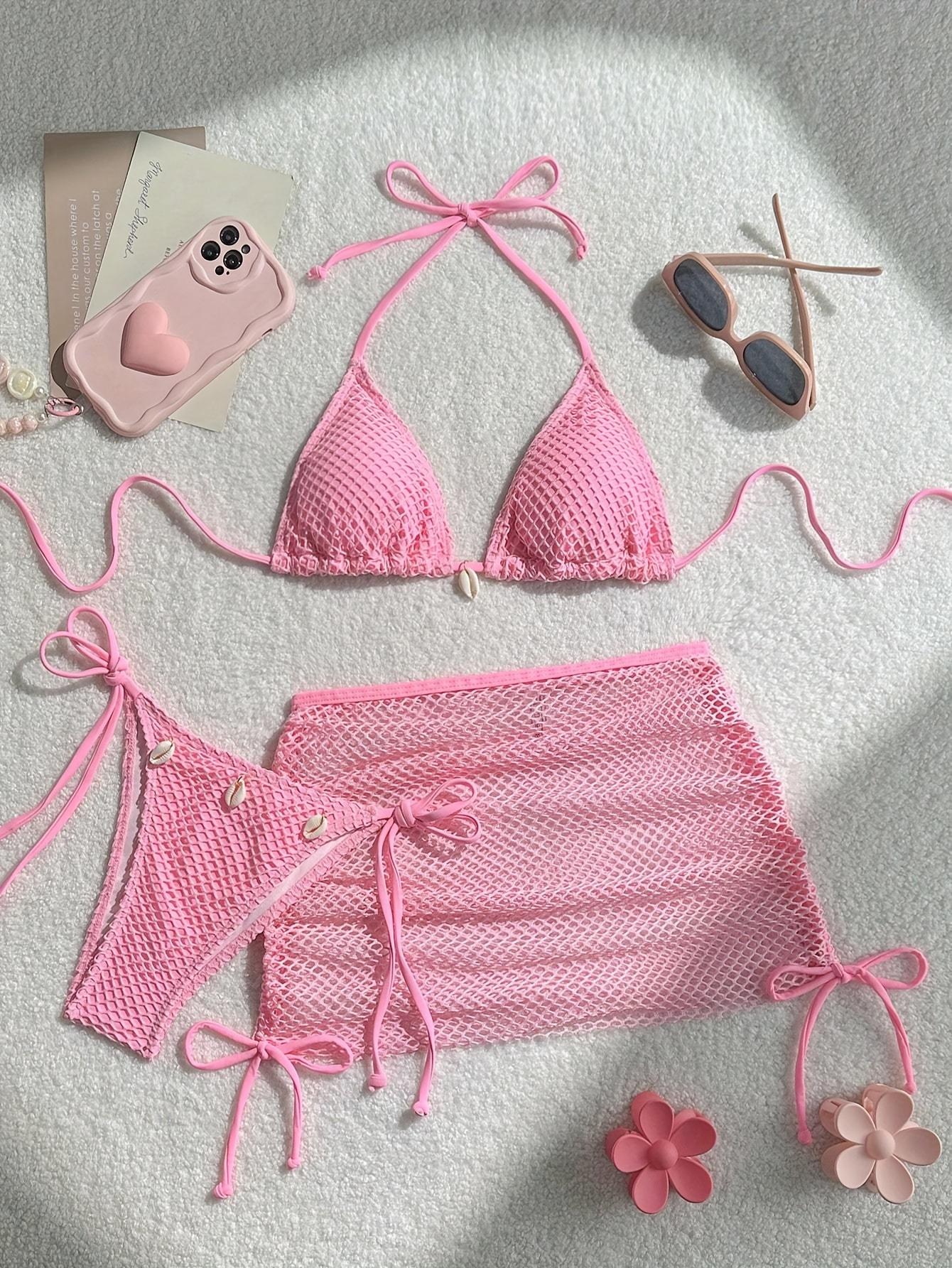 3pcs Bikini Set, Fresh Pink Color Scheme + Honeycomb Mesh Texture Fabric + Shell Decoration + Neck Triangle Cup, Split Bikini 3pcs Set, Pink Mesh Bikini 3pcs Set, Shell Decoration Neck Swimsuit,crystals bikini,thong bikini,chic design,mesh top,sport bra