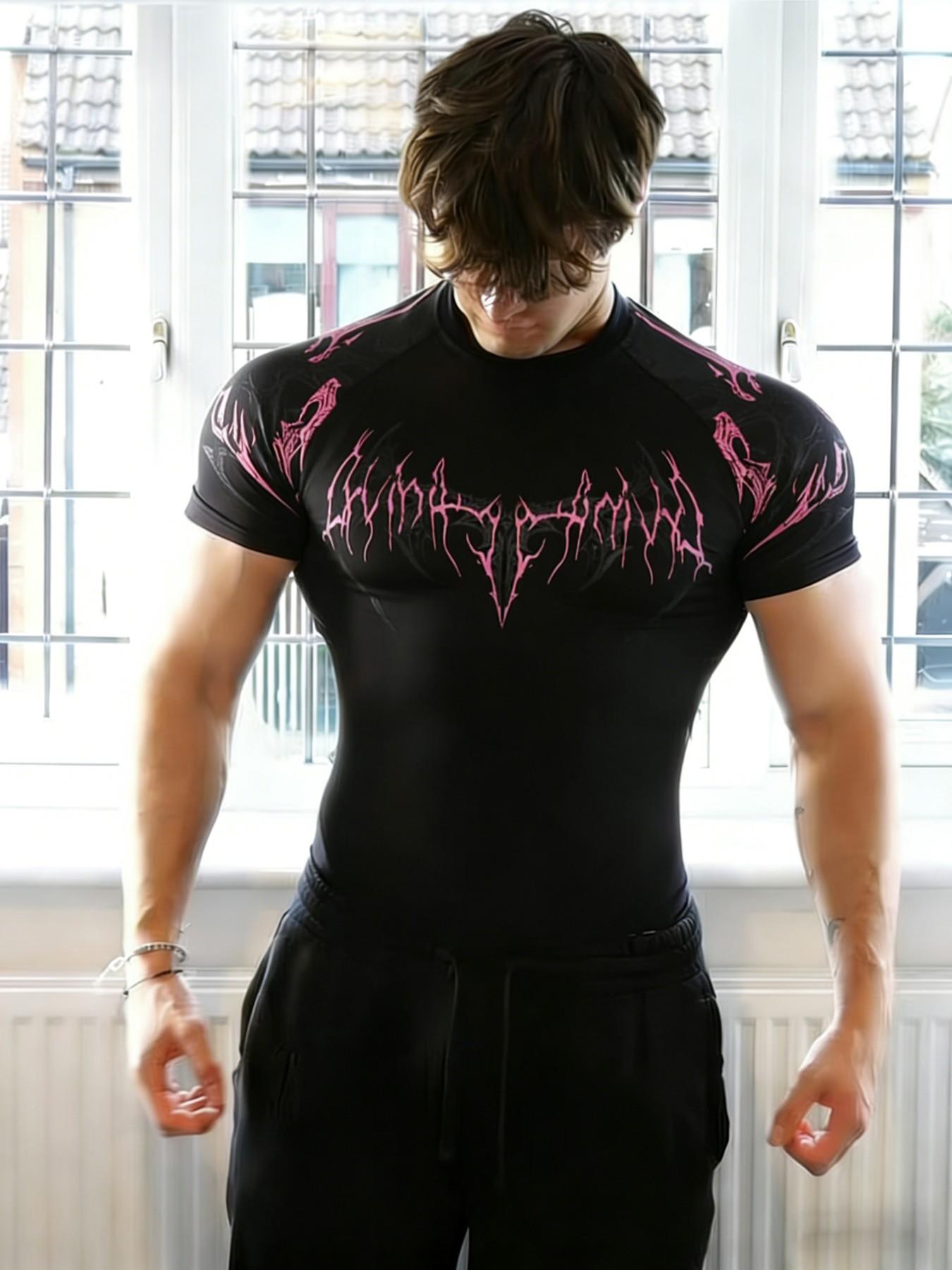 Men's Fitness T-Shirt with Thorn Print, High Elasticity Quick-Dry Fabric, Slim Fit for Gym Training, Casual Long Sleeve Top