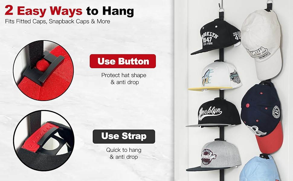 Hat Rack for Door - Two-Way Hanging Caps with Display Hooks and Hanger, Hat Organizer for Baseball Caps, Over the Door Hat Storage Organizer for Bedroom, Entrance or Garage Doors - 2 Packs