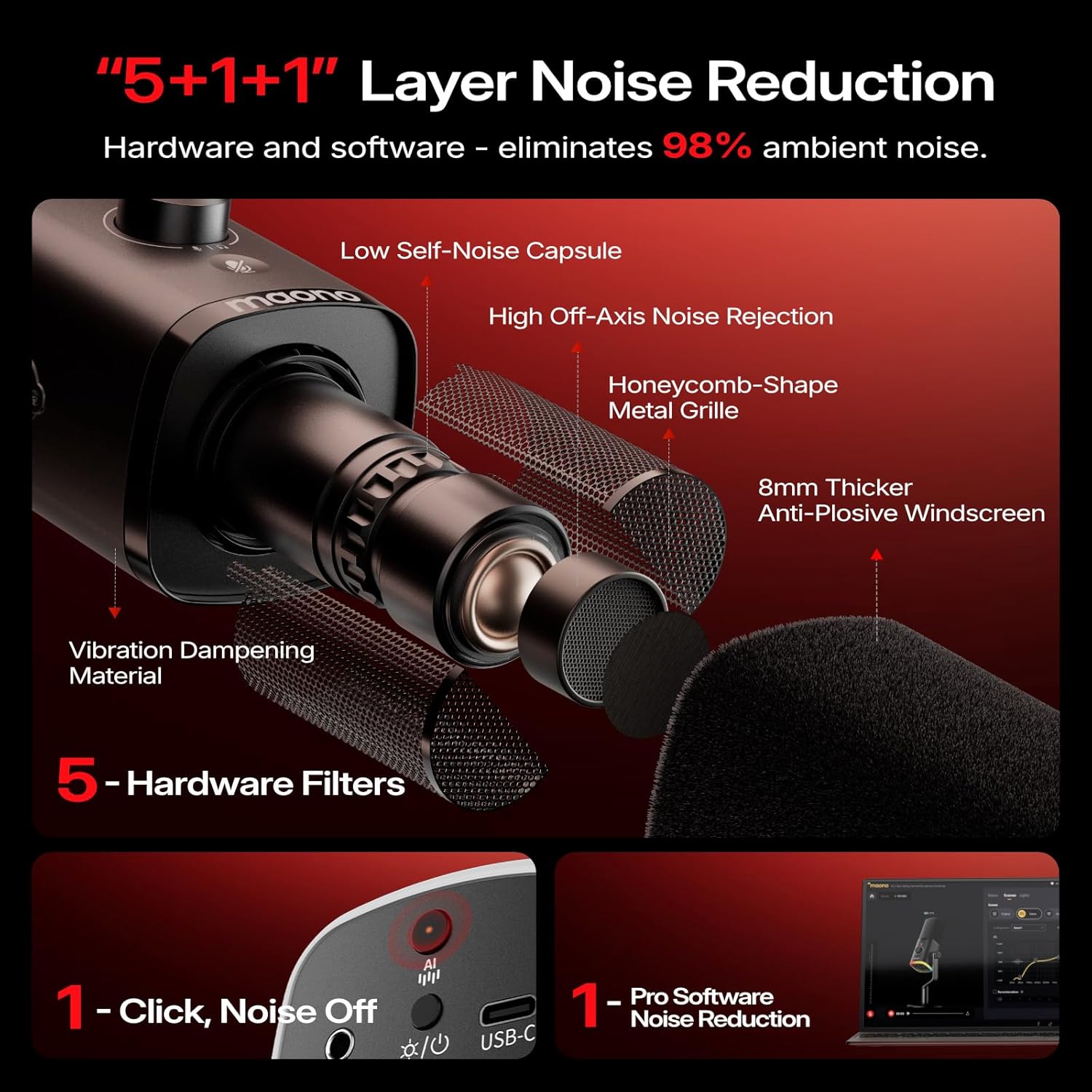 Wireless Gaming Microphone Dynamic USB Streaming Mic for PC Computer with 3 Level Noise Cancelling RGB Lighting Mute Button Software