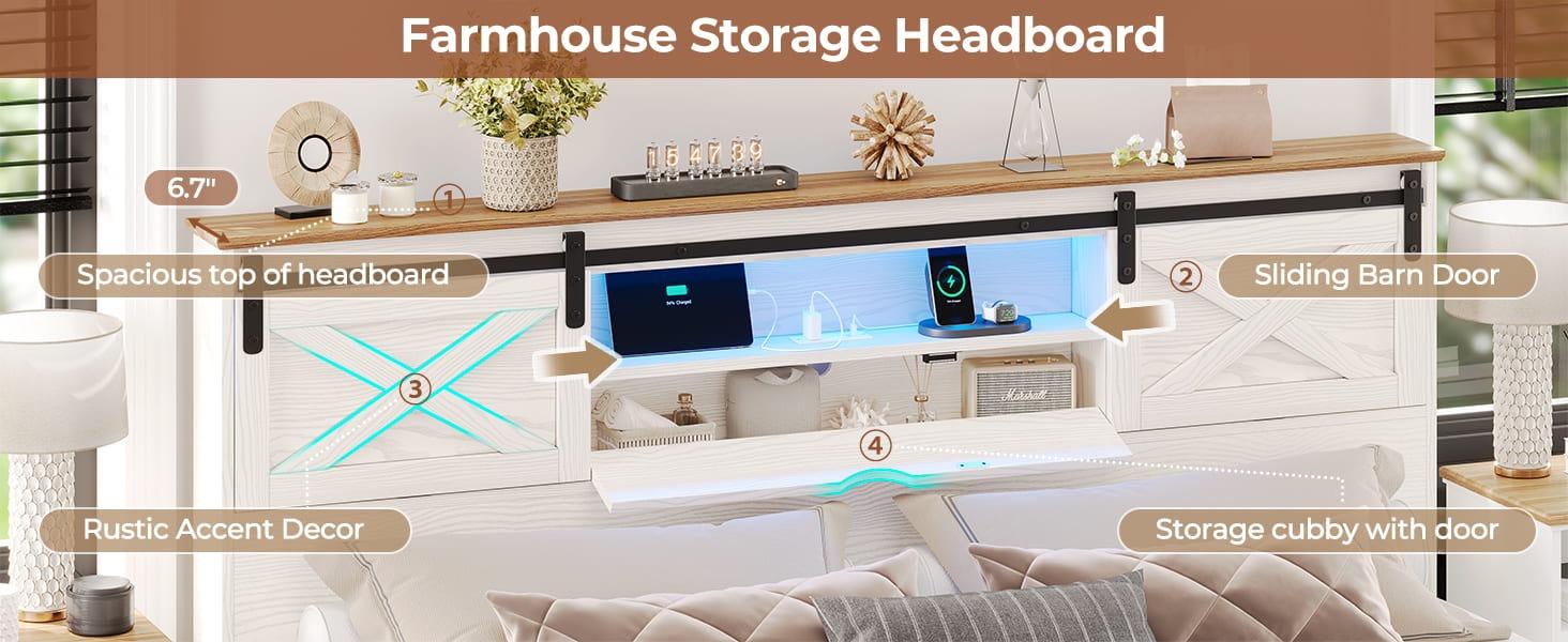 Sikaic LED Farmhouse Wooden Platform Bed Frame With Charging Station 2 Drawers & Storage Headboard Sliding Barn Door White Furniture Modern Bedroom Set Bedframes