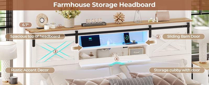 Sikaic LED Farmhouse Wooden Platform Bed Frame With Charging Station 2 Drawers & Storage Headboard Sliding Barn Door White Furniture Modern Bedroom Set Bedframes