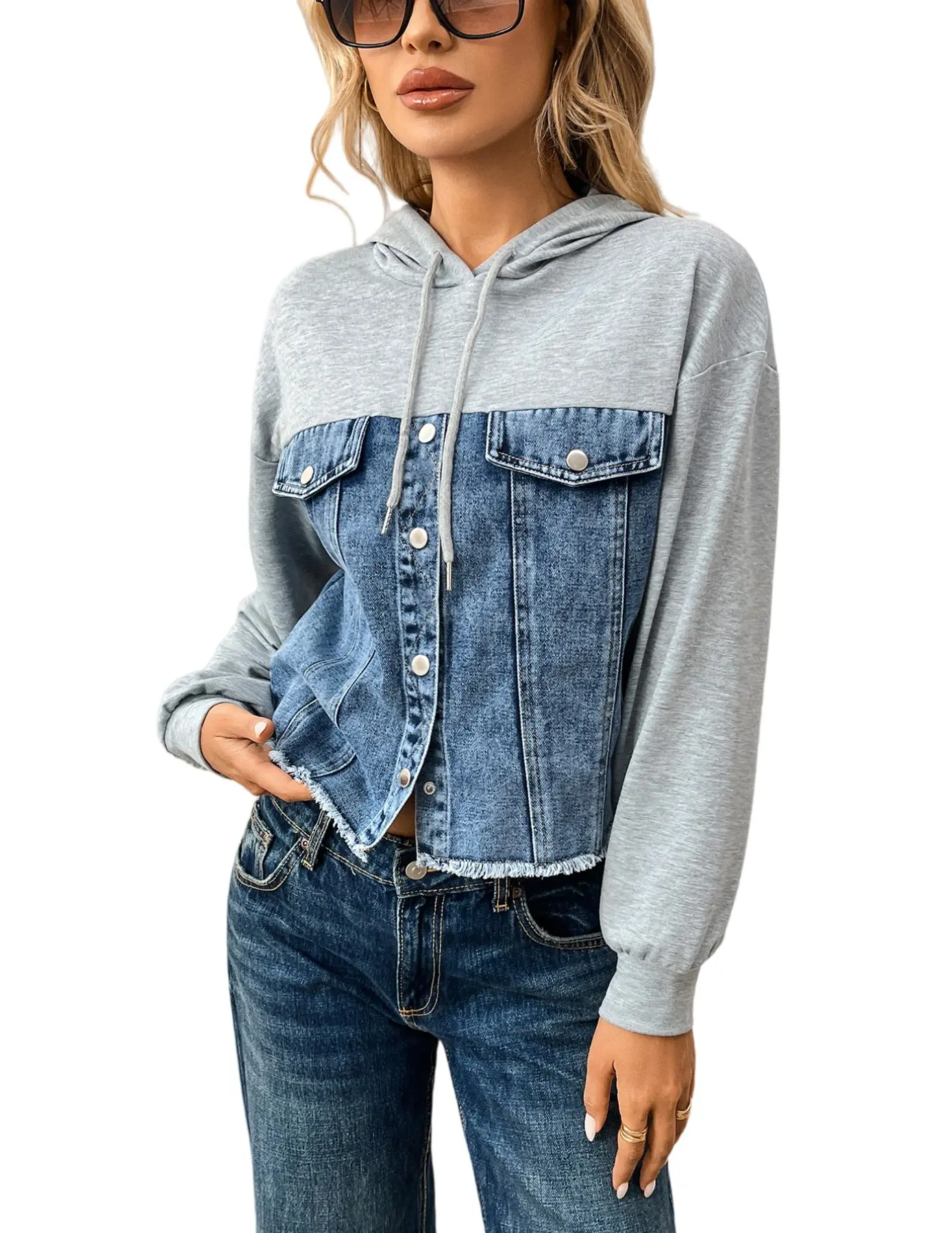 Women's Hooded Denim Patchwork Jacket Coats, Casual Long Sleeve Single Button Frayed Edge Sweatshirt, Street Style Outerwear