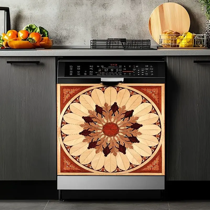 2D Flat 2Pcs Dishwasher Front Panel Cover Decal Sticker Wooden Mandala Sunburst Pattern Kitchen Appliance Decorative Stickers Waterproof PVC Home Decor for Refrigerator Washing Machine Furniture Makeover Boho Rustic Style