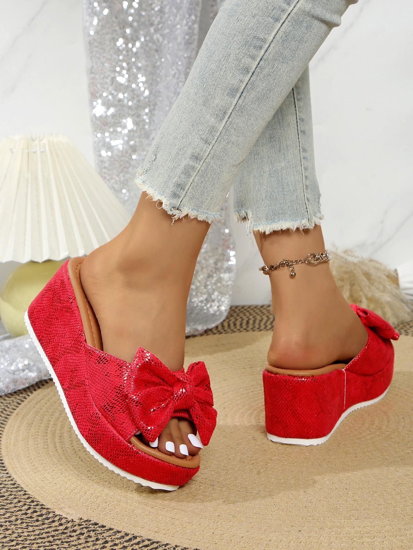 Women's Fashion //burgundy Bow Thick Sole Wedge Sandals, Summer Outdoor Y2K Style, Lightweight Comfortable Footwear