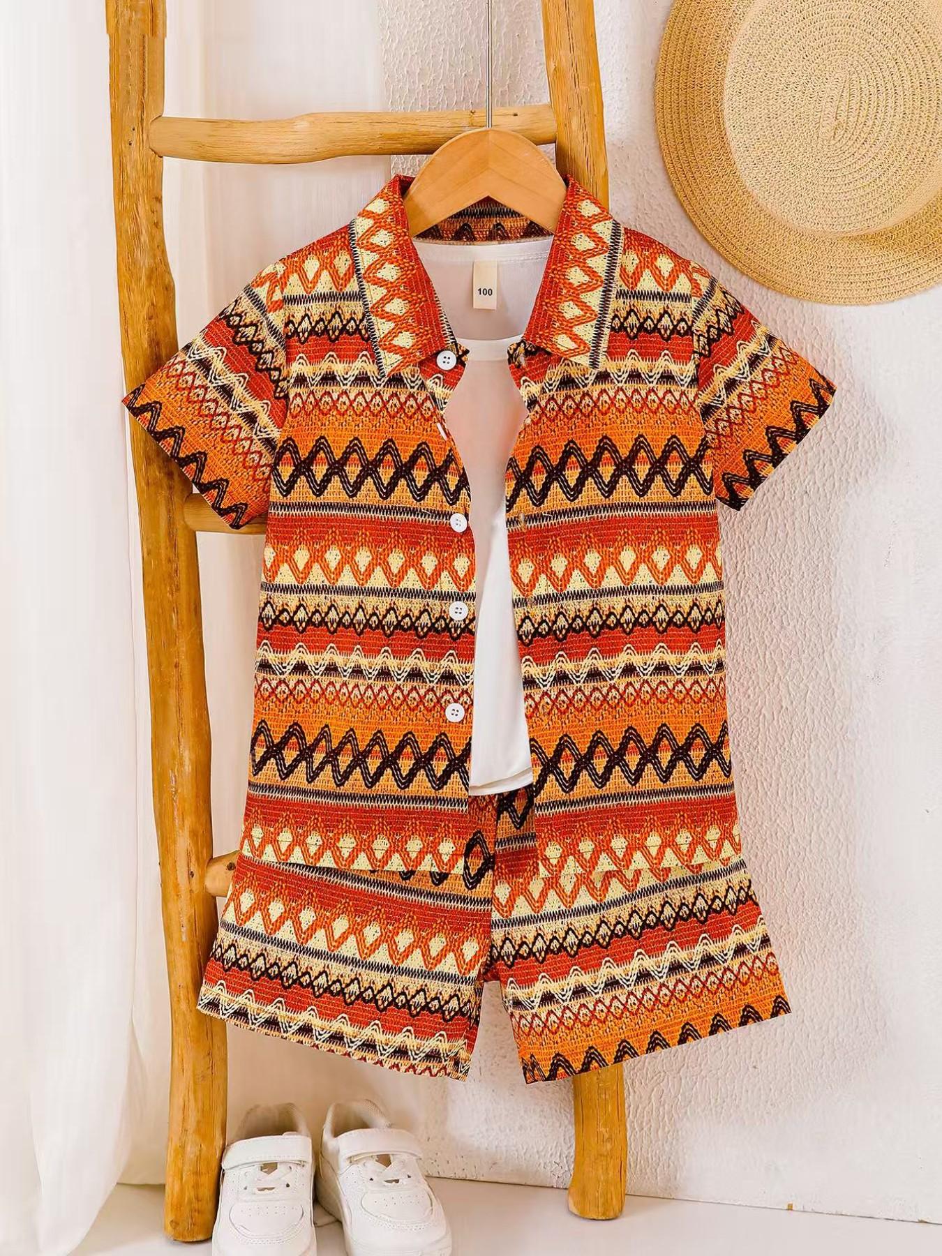 Boys Summer New Set, Button-Up Shirt with Geometric Patterns + Woven Texture Vacation Style Digital Print Casual