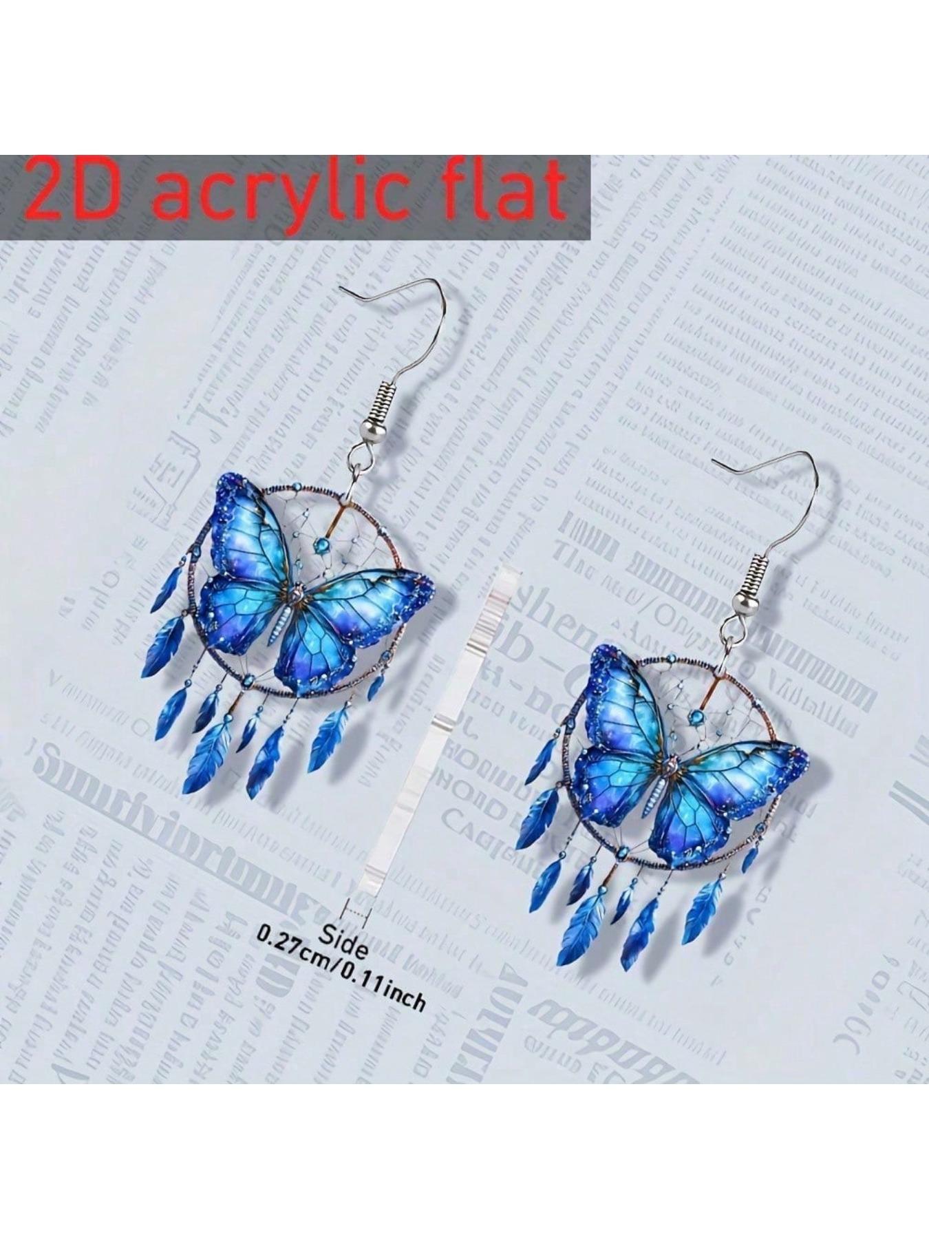 a pair of Bohemian style blue butterfly dream catcher earrings - acrylic double-sided printing, lightweight and suitable for casual dressing/parties, perfect gift for lovers, exquisite party butterfly pattern accessories, Mother's Day gift