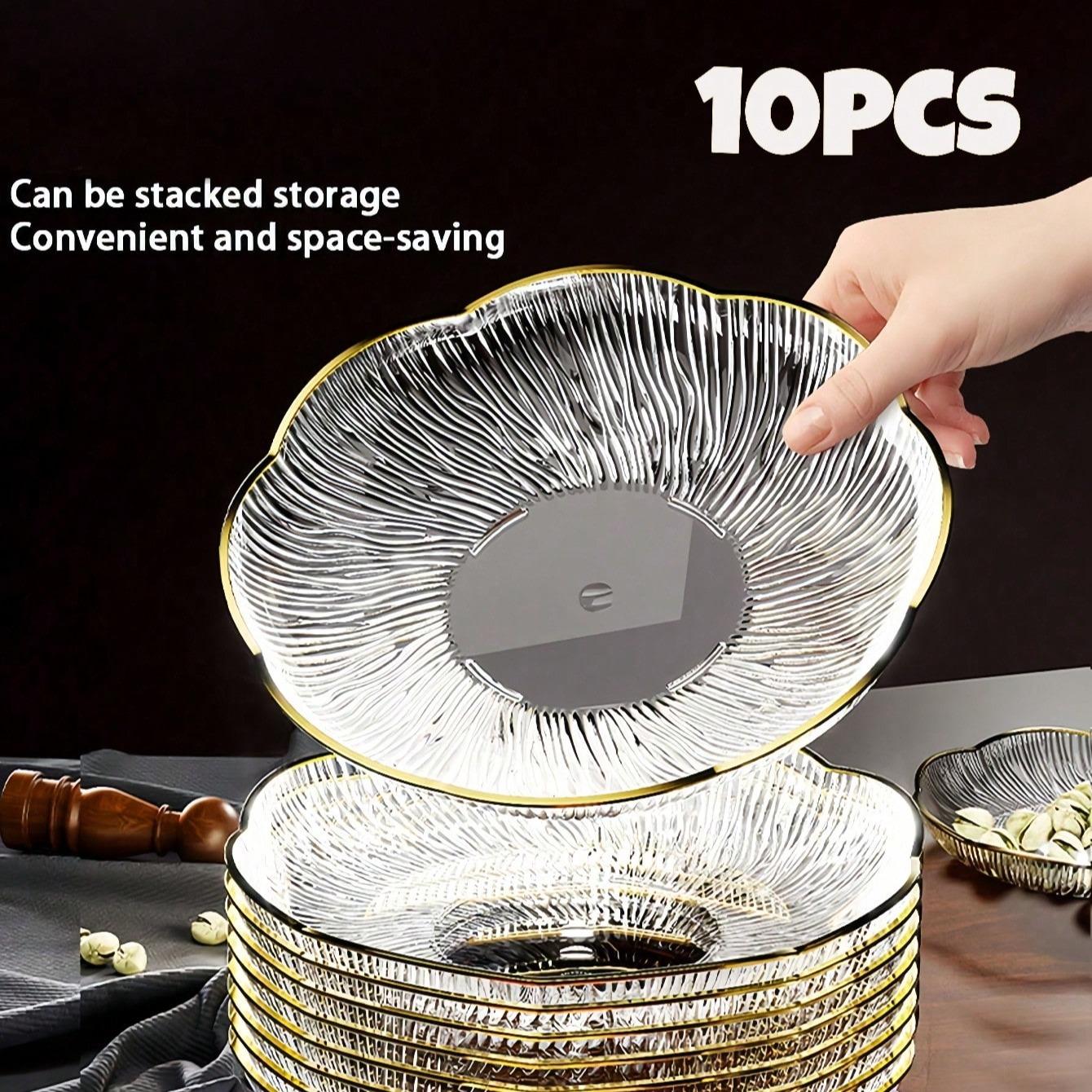 10pcs Plastic Plates with Golden Edges, Easy to Clean Reusable Dessert Snack Fruit Bread Hot Dog Steak Plates